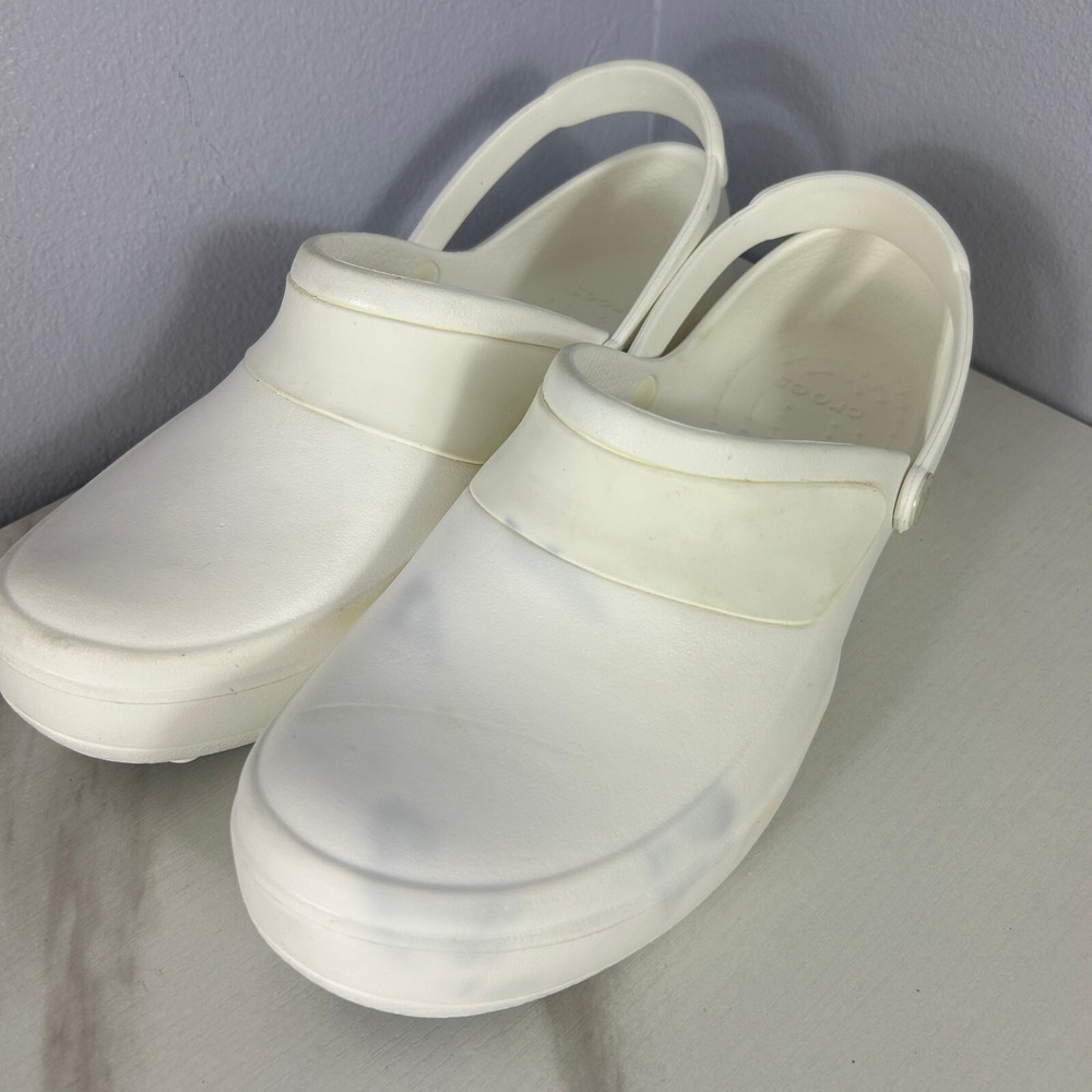 Crocs Bistro Clogs White, Black Bottom Slip Resistant Pads Women 11 Work NOTE
